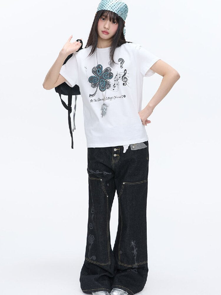 White Melody Shoulder Sleeve T-Shirt【s0000016381】