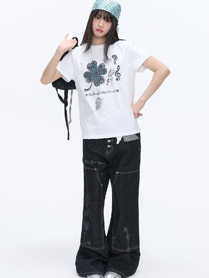 White Melody Shoulder Sleeve T-Shirt【s0000016381】