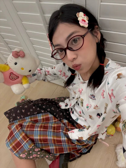 Plaid Floral Patchwork Pleated Skirt 【s0000013972】