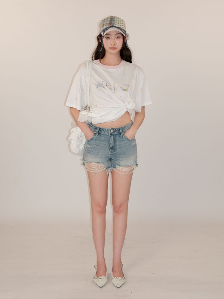 Leather label denim super short pants【s0000013435】