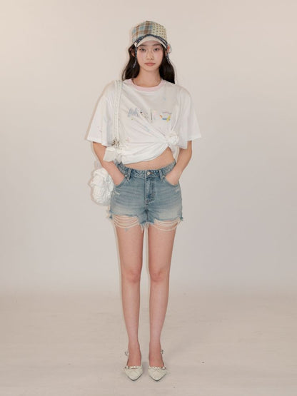 Leather label denim super short pants【s0000013435】