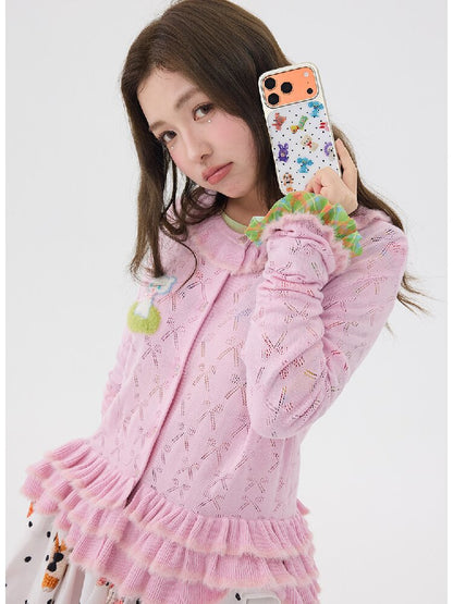 Pink Lace Bow Cut Out Knit Cardigan【s0000016196】