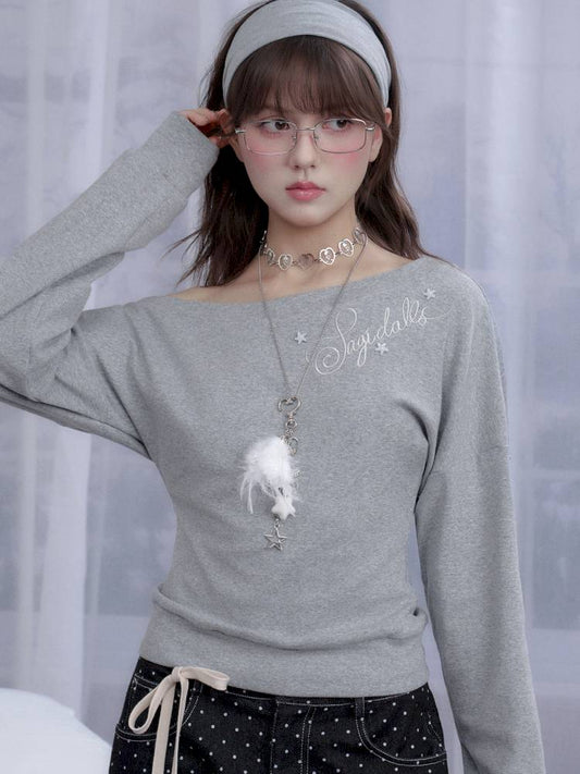 Gray slanted shoulder T-shirt【s0000014371】