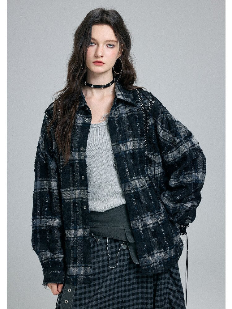 Plaid Strap Torn Long-Sleeved Shirt【s0000016258】
