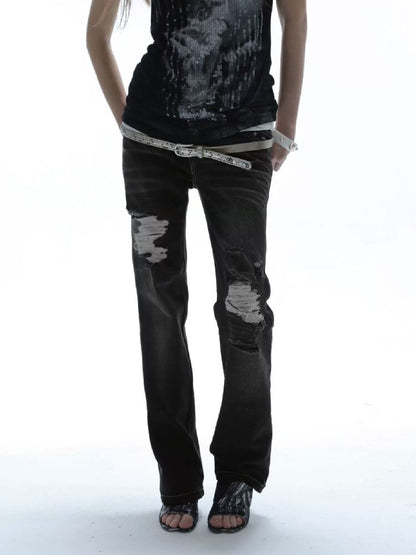 Low Waisted Black Ripped Jeans【s0000016564】
