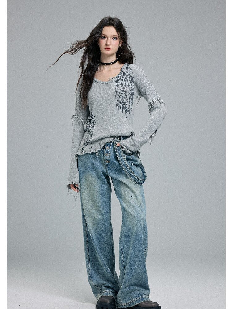 Washed Scratch Wide-Leg Jeans【s0000016255】