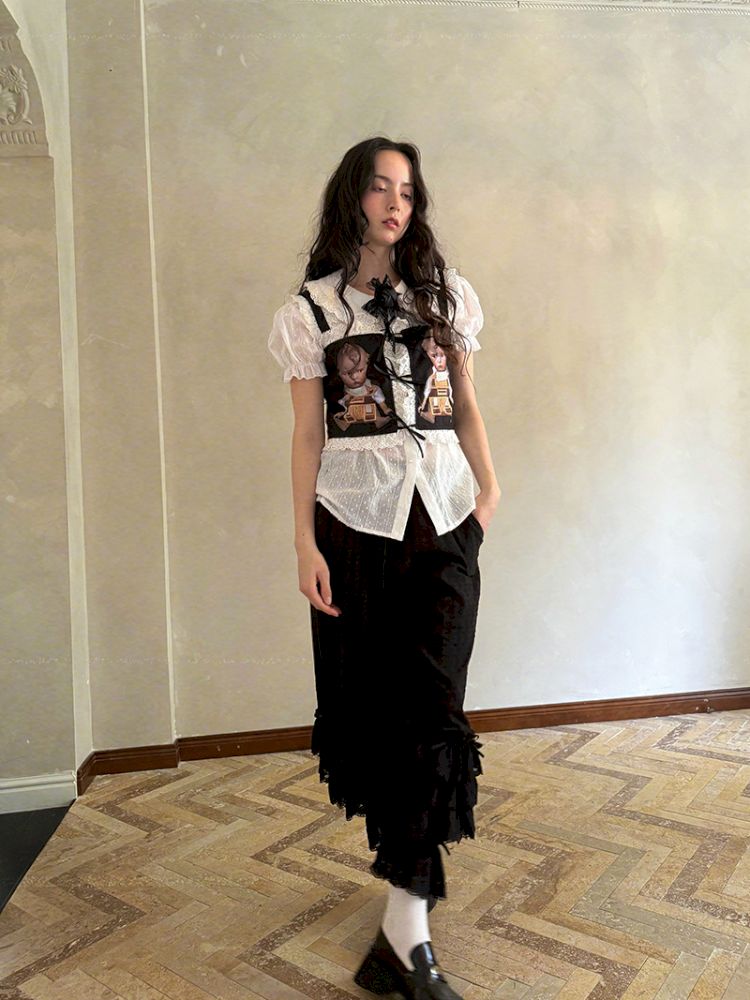 Cute doll print lace bow vest【s0000012760】