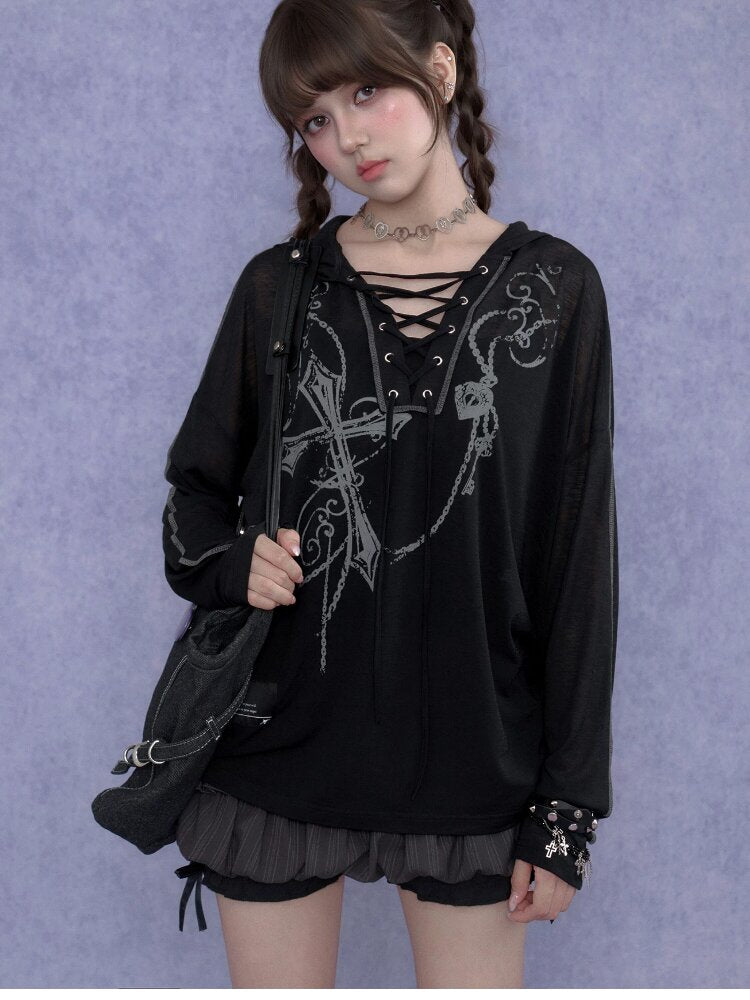 Dark Cross Print Strap Cardigan Hood【s0000017284】