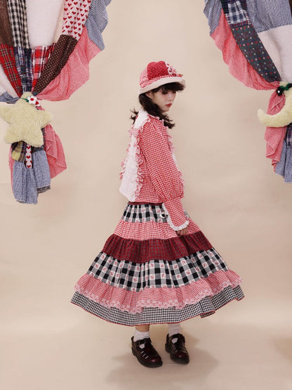 Checkered Patchwork Lace Dress【s0000019285】
