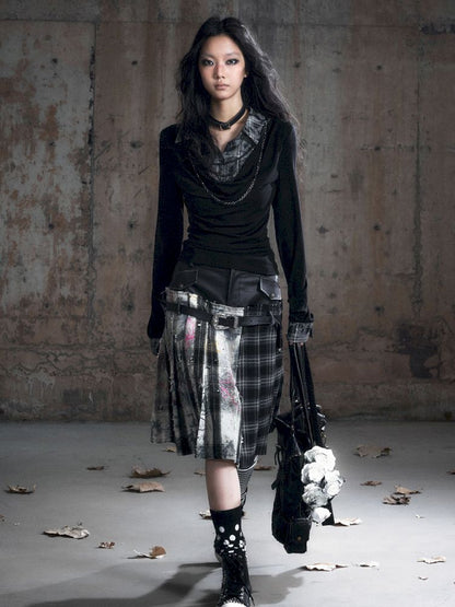 Plaid Tie-Dye Black Swing Neck Long Sleeve Blouse【s0000013887】