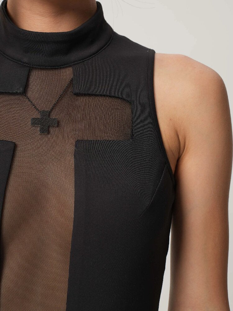 High-Neck Cross-Mesh Dress【s0000017468】