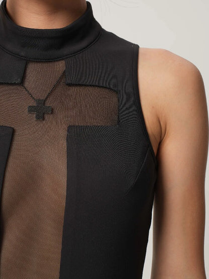 High-Neck Cross-Mesh Dress【s0000017468】