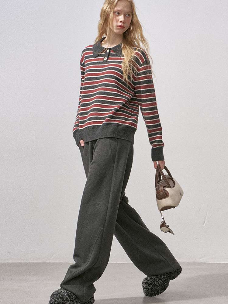 Cotton Wool Striped Polo Pullover【s0000015233】
