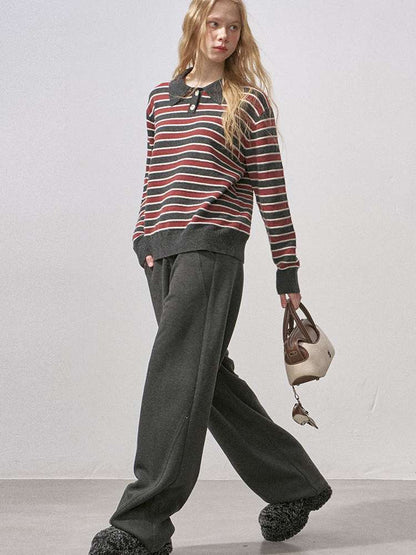 Cotton Wool Striped Polo Pullover【s0000015233】