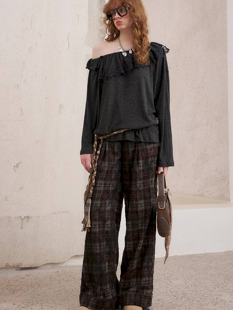 Textured straight leg loose plaid trousers【s0000014384】