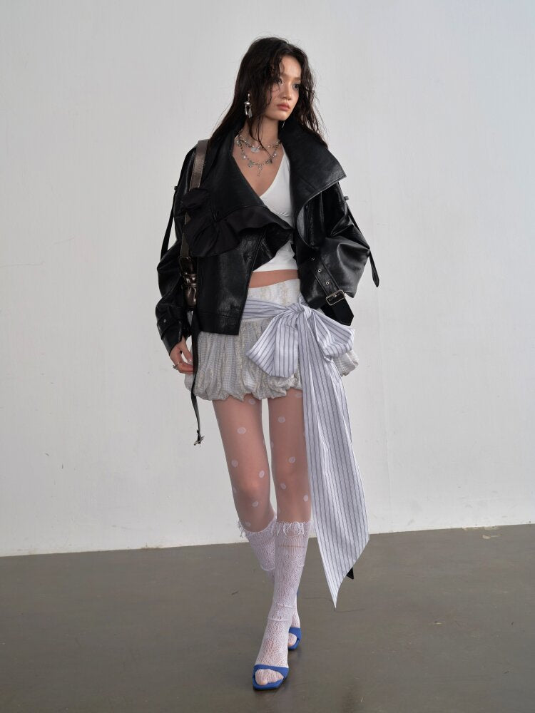 Ruffle Stand Collar PU Leather Jacket【s0000015696】