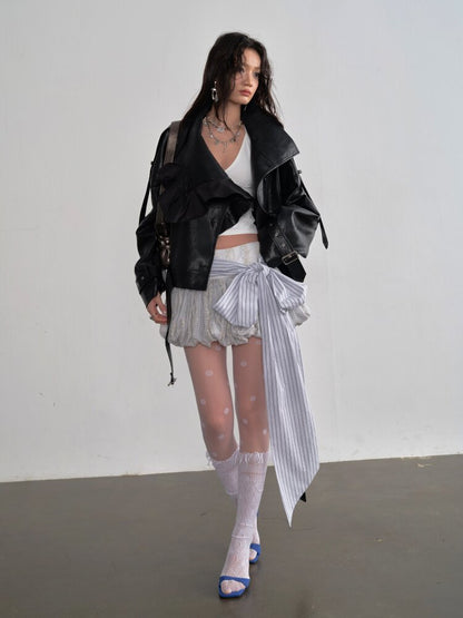 Ruffle Stand Collar PU Leather Jacket【s0000015696】