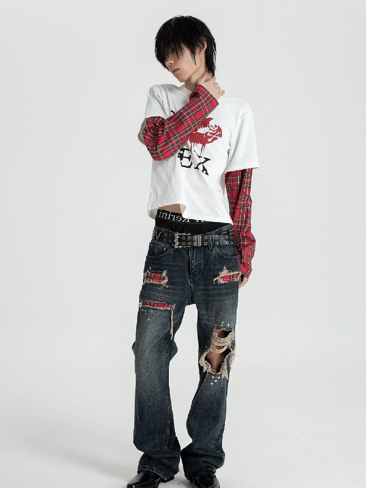 Red Plaid Patch Ripped Jeans【s0000018559】