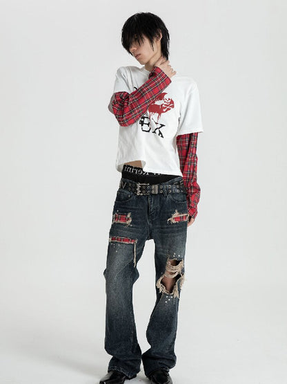 Red Plaid Patch Ripped Jeans【s0000018559】