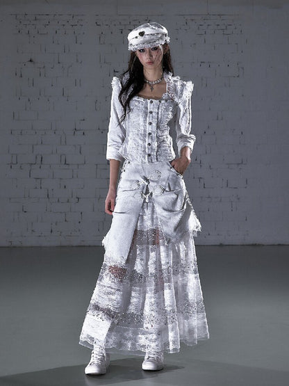 Stitched Lace Denim Maxi Skirt【s0000015940】