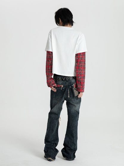 Red Plaid Patchwork Long T-Shirt【s0000018566】