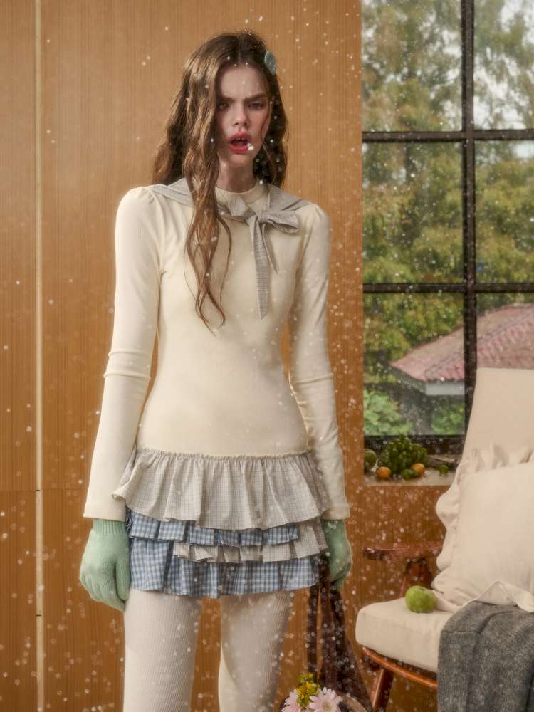 Organic Cotton Lake Blue Spliced Pleated Skirt【s0000014889】