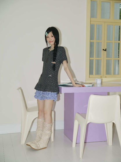 Silver Foil Raindrop Navy Neck Top【s0000018703】