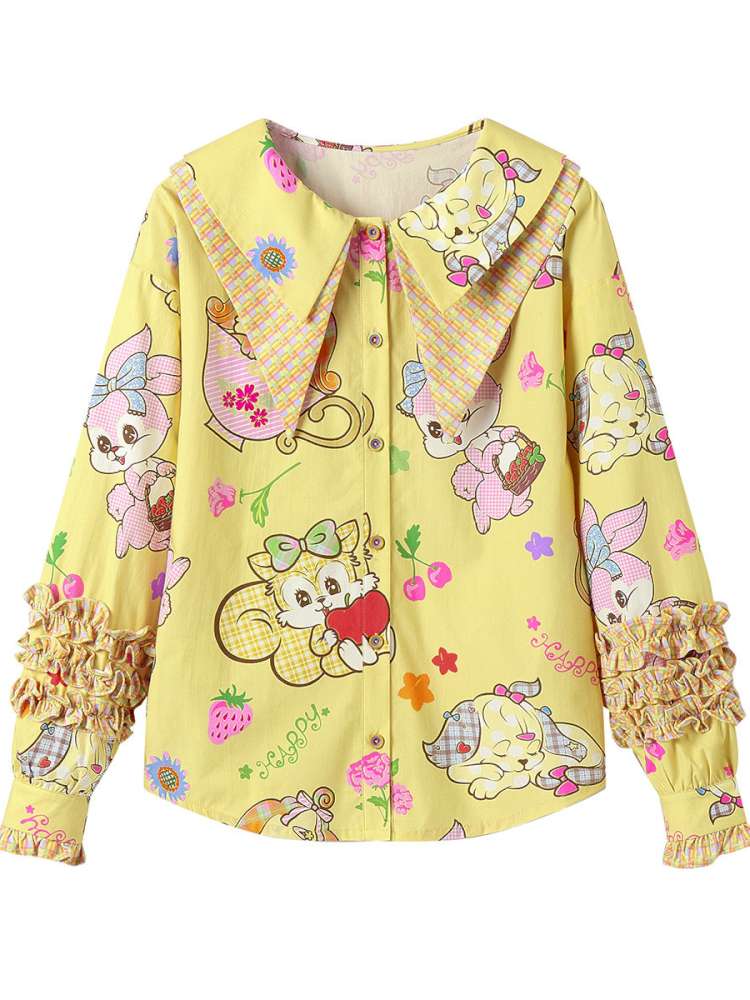 Yellow Ruffled Critter Print Shirt【s0000015032】