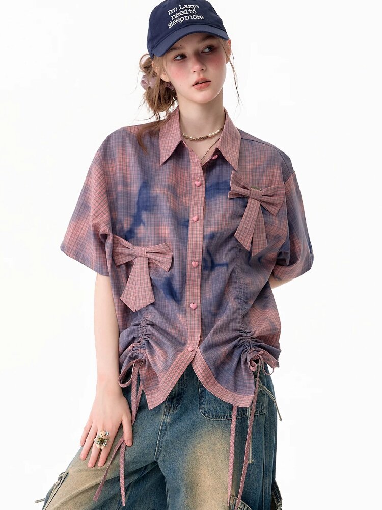 Distressed Plaid Bow Short Sleeve Shirt【s0000017755】