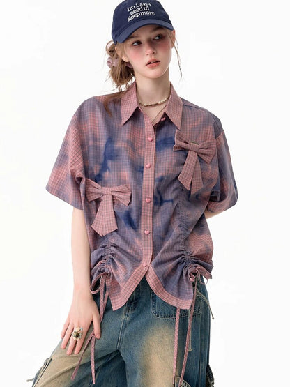 Distressed Plaid Bow Short Sleeve Shirt【s0000017755】