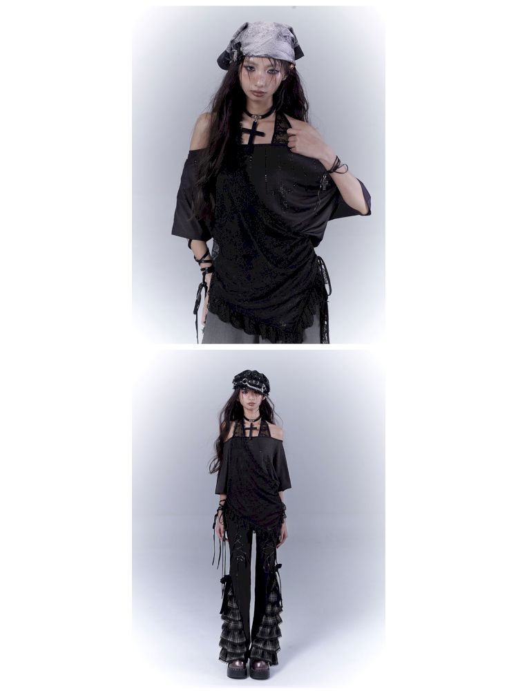 Lazy style rhinestone black T-shirt【s0000012844】