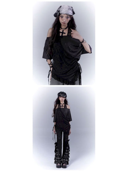 Lazy style rhinestone black T-shirt【s0000012844】