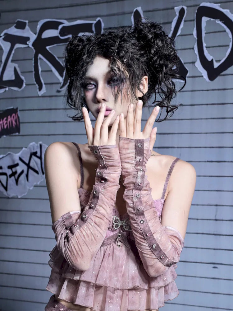 Mesh Nail Rhinestone Pleated Long Sleeve Sleeves【s0000014021】