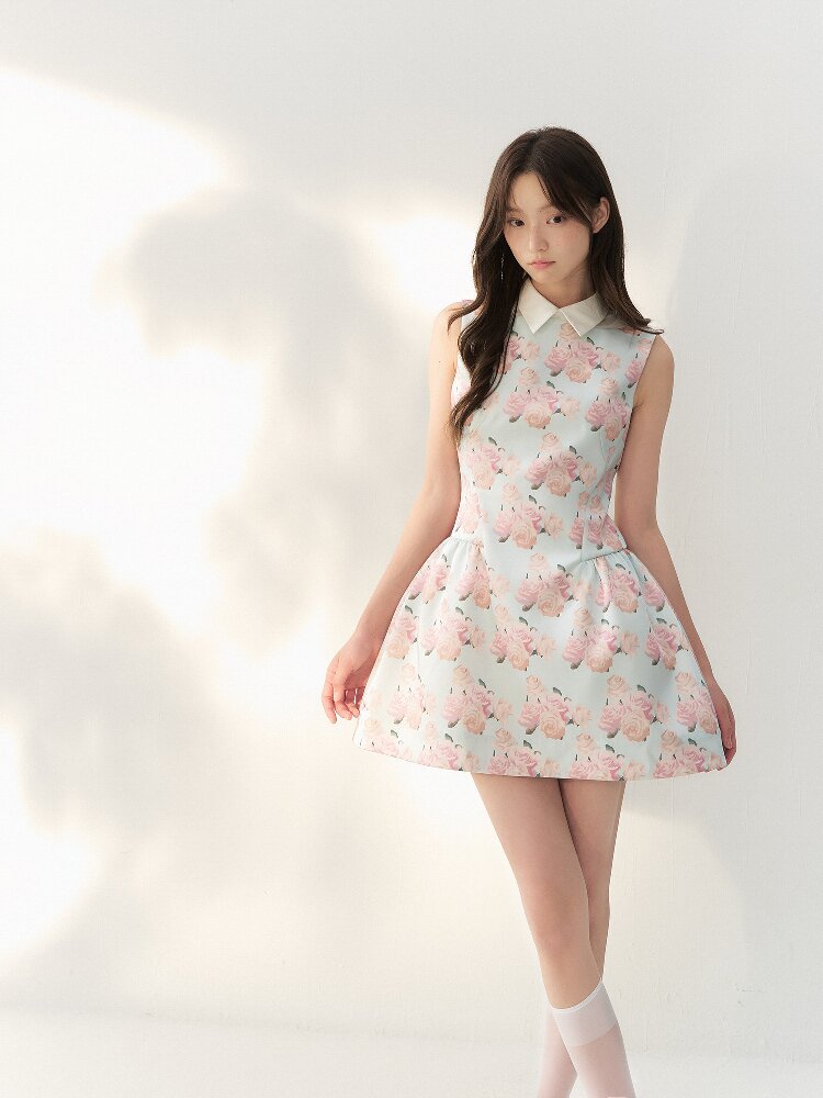 Satin Rose Print Puff Sundress【s0000016877】