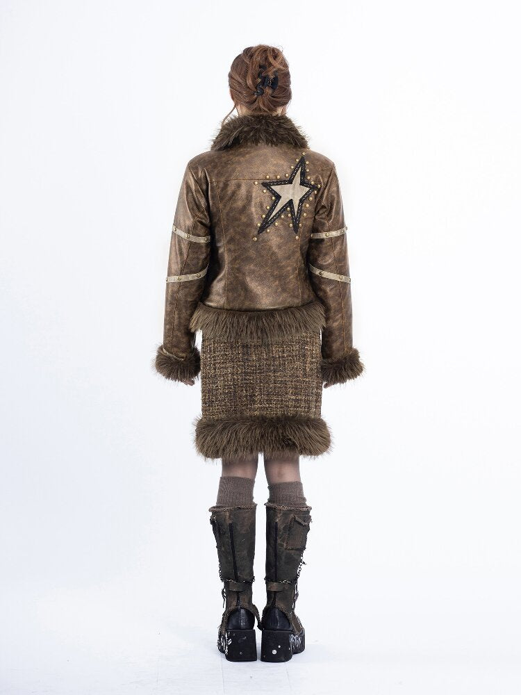 Patchwork PU Fur Rivet Skirt Set【s0000018047】