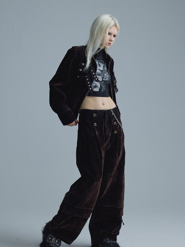 Mottled Velvet Buttoned Wide-Leg Pants【s0000018557】