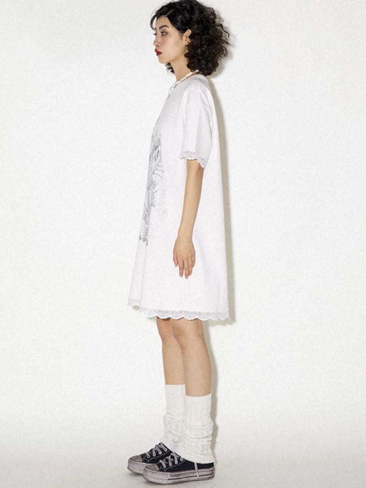 Lace Splicing Printed T-Shirt Dress [S0000008821]