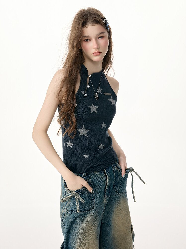 Summer Lazy Star Print Halter Knit Tank Top【s0000017254】