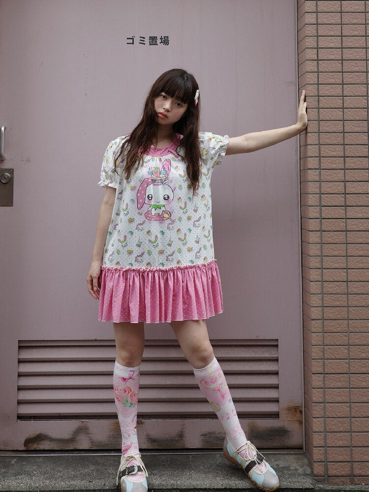 Printed Bear Bunny Fake Two Piece Dress【s0000017764】