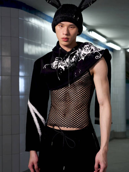 Splatter-Printed Lace-Trimmed Faux Two-Piece Hoodie【s0000014418】