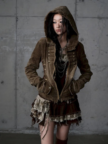 Corduroy Detachable Slim-Fit Hooded Jacket【s0000013952】