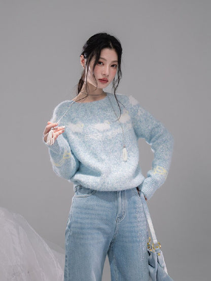 Blue One-Shoulder Jacquard Sweater【s0000015736】