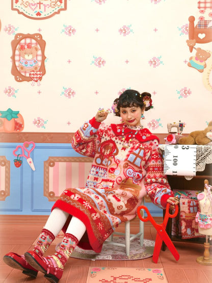 Red Sewing Bear Mink Fleece Sweater【s0000015583】