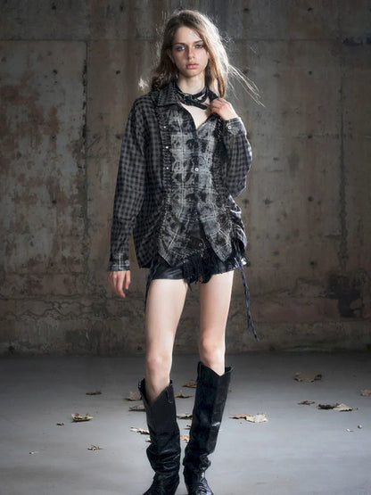 Drawstring Black-Gray Checkered Shir【s0000013959】