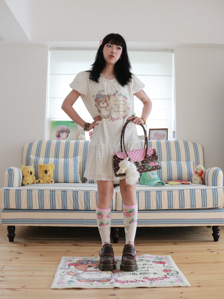 Bear Strawberry Lace Polka Dot Dress【s0000017508】