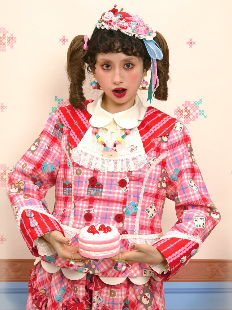 Red Pink Check Lace Skirt Blazer【s0000015574】