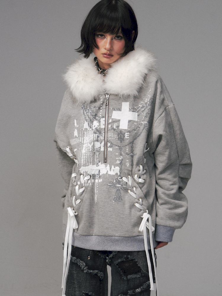 Tie-Front Printed Half-Zip Hoodie【s0000014452】