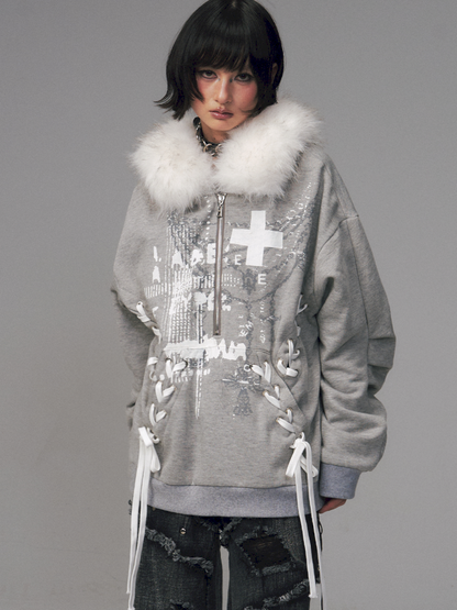 Tie-Front Printed Half-Zip Hoodie【s0000014452】