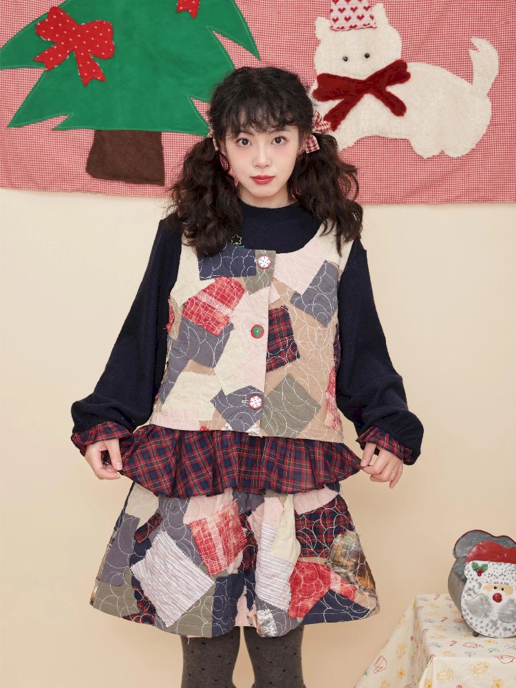 Christmas-inspired vest and half-skirt set【s0000011197】