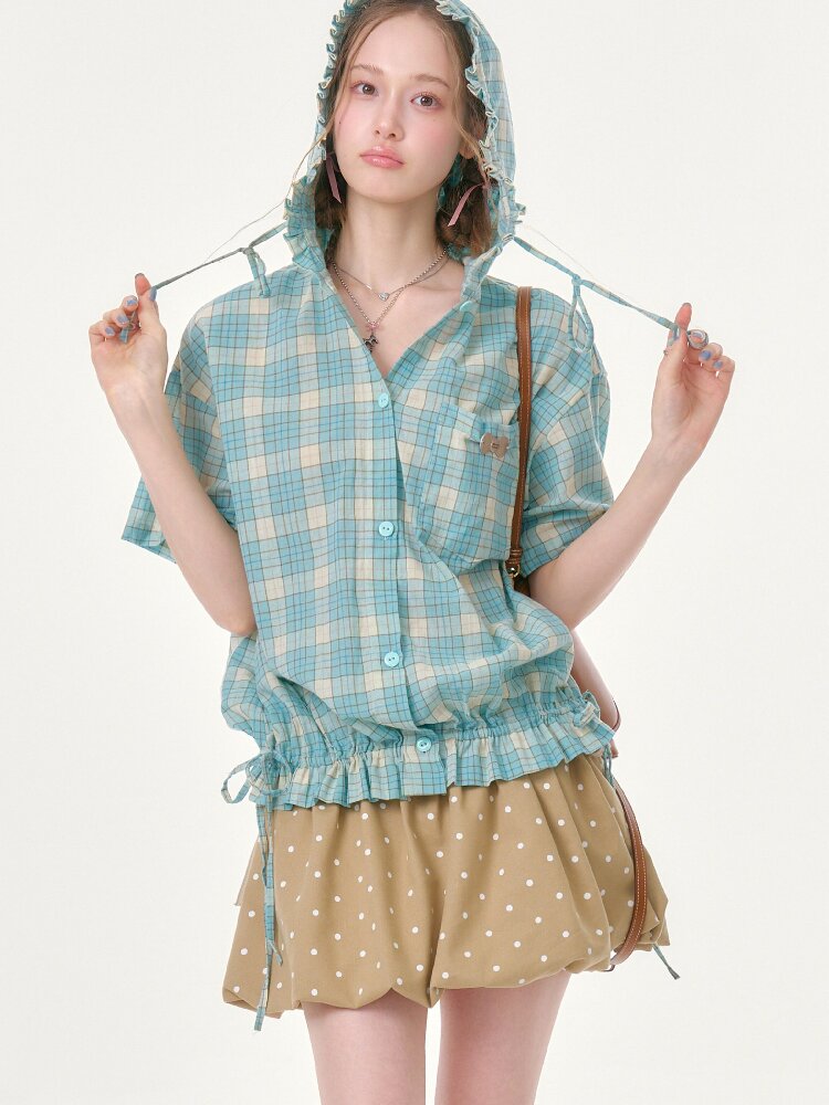 Ruffle Hem Hooded Plaid Shirt【s0000016619】